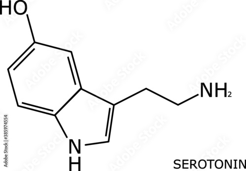 serotonin molecular structure on black, over a white background and with its name labeled