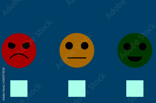 Satisfaction survey represented with three faces, bad, neutral and good faces on a blue background