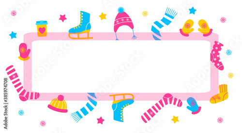 Rectangular frame with knitted socks, stockings, knee socks, woolen hats, mittens, scarf, skates, a cup of drink - elements for winter design with place for text