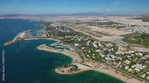 Aerial drone video of Marina of Agios Kosmas and abandoned former international airport of Athens in Elliniko area, South Athens riviera, Attica, Greece photo