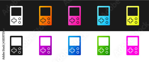 Set Portable tetris electronic game icon isolated on black and white background. Vintage style pocket brick game. Interactive playing device. Vector.
