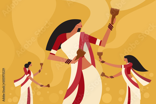 Illustration of women dancing with incense burners in their hands during the Durga Puja Festival