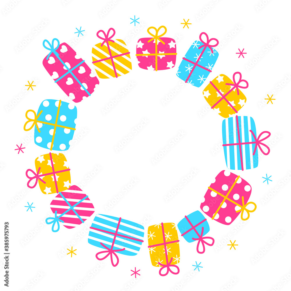 Round frame with colored doodle gift boxes and snowflakes isolated on white - background for holiday design for Birthday, Christmas and New Year
