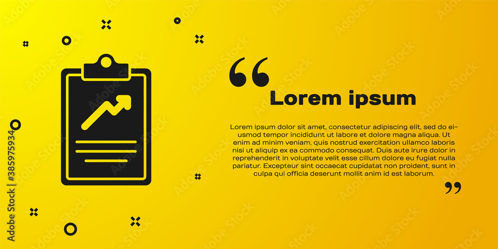 Black Clipboard with graph chart icon isolated on yellow background. Report text file icon. Accounting sign. Audit, analysis, planning. Vector. Black Clipboard with graph chart icon isolated on yellow background. Report text file icon. Accounting sign. Audit, analysis, planning. Vector.