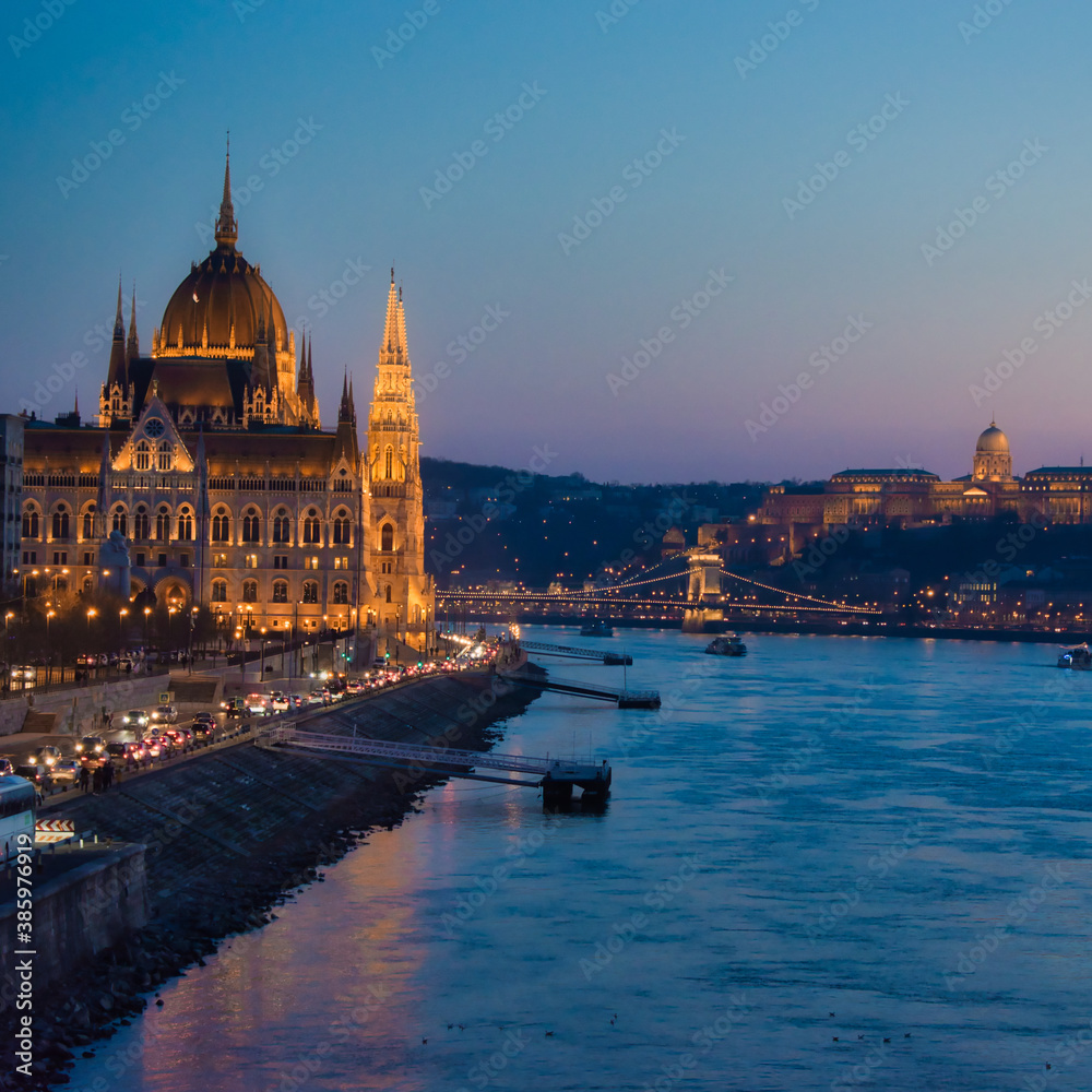Hungarian parliament side view at dusk, Budapest, Hungary