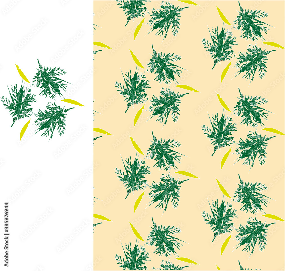 An elegant gentle pattern with the image of a leaf light yellow background.