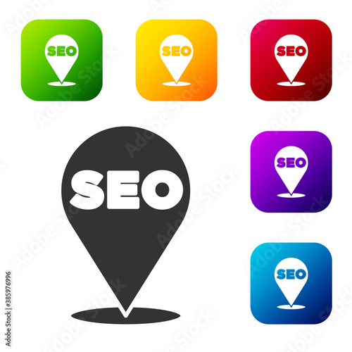 Black SEO optimization icon isolated on white background. Set icons in color square buttons. Vector.