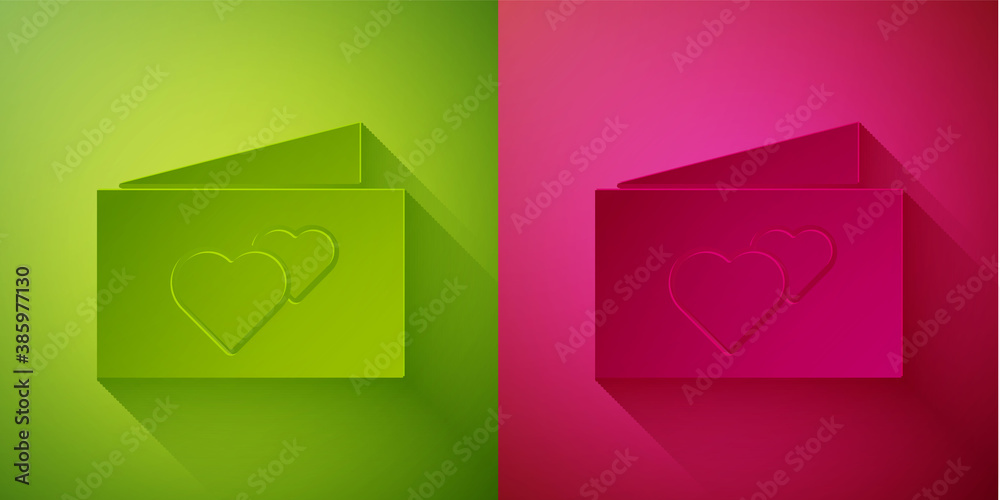 Paper cut Greeting card icon isolated on green and pink background. Celebration poster template for invitation or greeting card. Paper art style. Vector. Paper cut Greeting card icon isolated on green and pink background. Celebration poster template for invitation or greeting card. Paper art style. Vector.