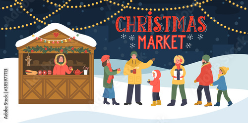 Christmas market. Kiosk of food and hot drinks. People walk, drink, celebrate and shopping in the evening city. Hand drawn lettering.