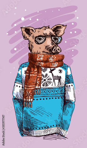 Pig dressed illustration. Hand drawn humanized piglet.
