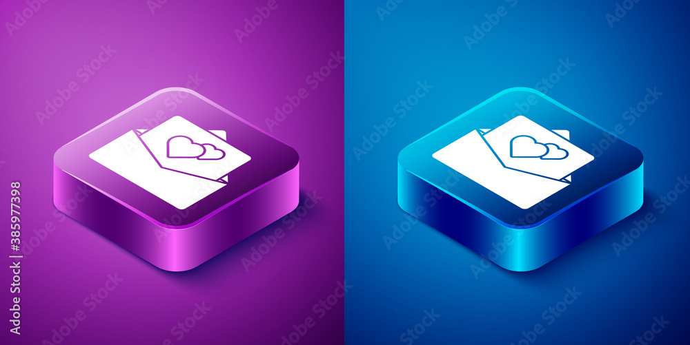 Isometric Greeting card icon isolated on blue and purple background. Celebration poster template for invitation or greeting card. Square button. Vector. Isometric Greeting card icon isolated on blue and purple background. Celebration poster template for invitation or greeting card. Square button. Vector.