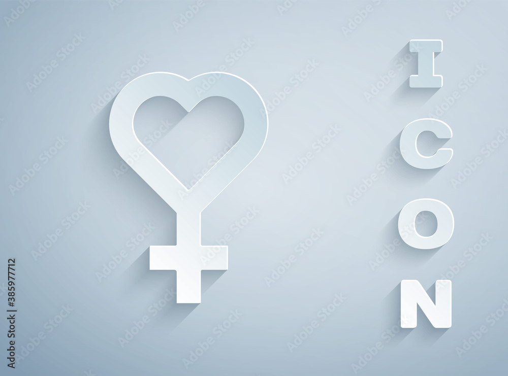 Paper cut Female gender symbol icon isolated on grey background. Venus symbol. The symbol for a female organism or woman. Paper art style. Vector. Paper cut Female gender symbol icon isolated on grey background. Venus symbol. The symbol for a female organism or woman. Paper art style. Vector.