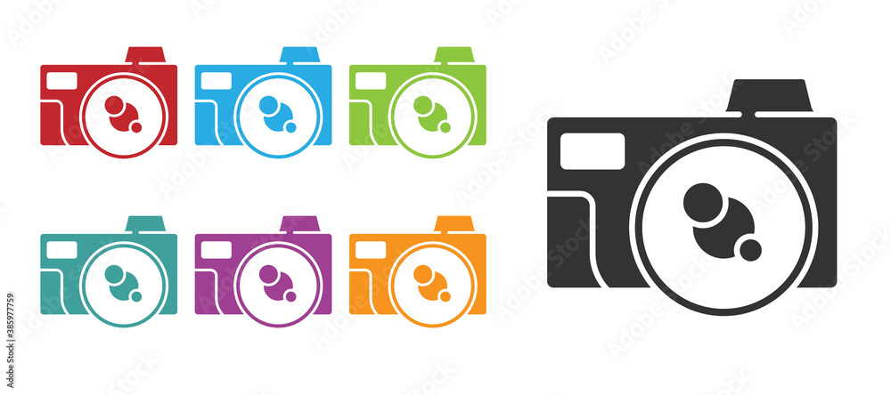 Black Photo camera icon isolated on white background. Foto camera icon. Set icons colorful. Vector. Black Photo camera icon isolated on white background. Foto camera icon. Set icons colorful. Vector.