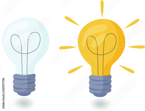 Light bulbs. one is on, the other is off. Vector illustration of incandescent lamp. The concept of a creative and unique new idea. Creative thinking.