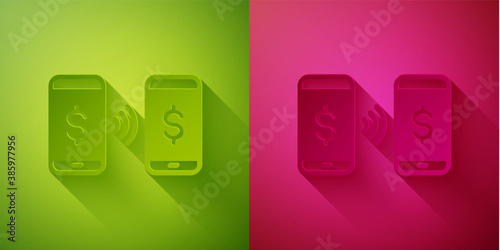 Paper cut Money payment transfer in mobile icon isolated on green and pink background. Concept of fast pay by purchase. Sending and receiving money. Paper art style. Vector.