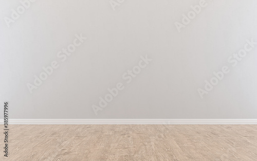 Empty room with parquet fine wood and light grey wall. 3d render