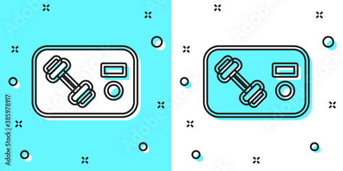 Black line Fitness club, gym card icon isolated on green and white background. Random dynamic shapes. Vector.