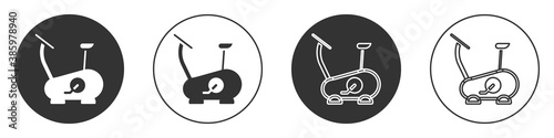 Black Stationary bicycle icon isolated on white background. Exercise bike. Circle button. Vector.