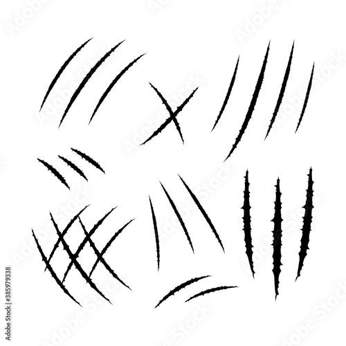 Claw scratches silhouette set vector illustration isolated on white background. Zombie nail marks. Damaged paper tracks.