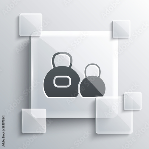 Grey Kettlebell icon isolated on grey background. Sport equipment. Square glass panels. Vector.