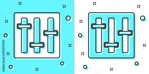 Black line Sound mixer controller icon isolated on green and white background. Dj equipment slider buttons. Mixing console. Random dynamic shapes. Vector.