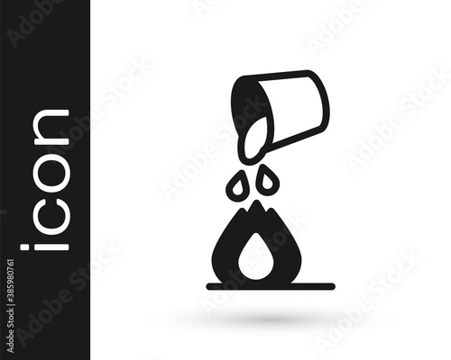 Black Water bucket extinguishing a fire icon isolated on white background. Vector.