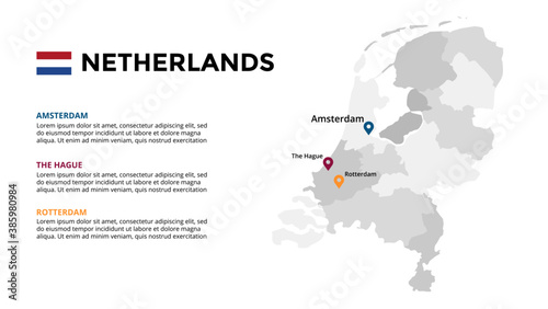 Netherlands vector map infographic template. Slide presentation. Amsterdam, The Hague, Rotterdam. Europe country. World transportation geography data. 