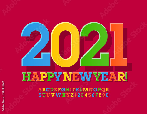 Vector greeting card Happy New Year 2021! Colorful modern Font. Bright creative Alphabet Letters and Numbers set