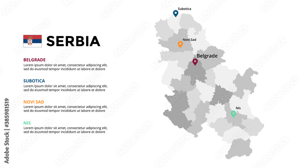 Serbia vector map infographic template. Slide presentation. Global business marketing concept. Color Europe country. World transportation geography data. 
