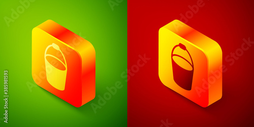Isometric Fire bucket icon isolated on green and red background. Metal bucket empty or with water for fire fighting. Square button. Vector.