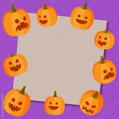 Halloween card with square frame and jack-o-lanterns on violet background. Place for your text.