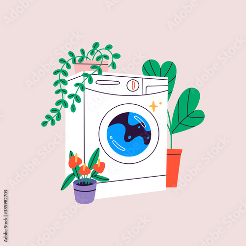 Hand drawn Washing Machine with green flowers and houseplants. Laundry, ecology concept. Trendy Vector illustration. Cartoon style. Isolated on a pink background