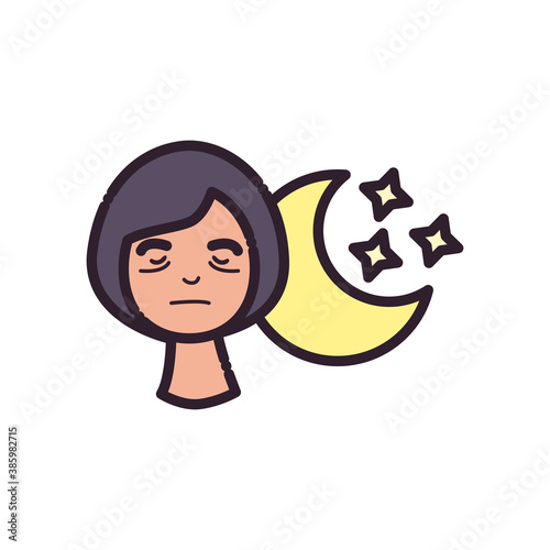 woman cartoon with insomnia and moon line and fill style icon vector design