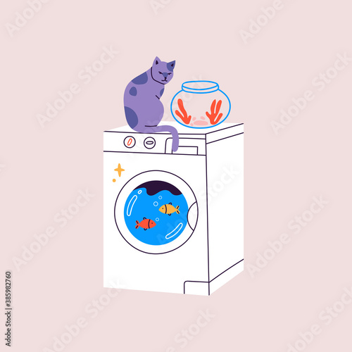 Hand drawn Washing Machine with gold fish inside. Cat sitting on the top with empty fish tank. Laundry concept. Trendy Vector illustration. Cartoon style. Isolated on a pink background