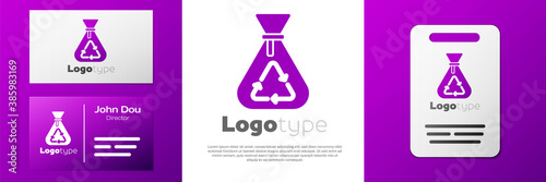 Logotype Garbage bag with recycle symbol icon isolated on white background. Trash can icon. Recycle basket sign. Logo design template element. Vector.