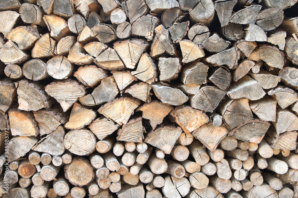 wall firewood, Background of dry chopped firewood logs in a pile
