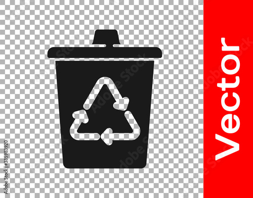 Black Recycle bin with recycle symbol icon isolated on transparent background. Trash can icon. Garbage bin sign. Recycle basket sign. Vector.