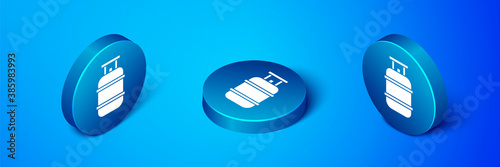 Isometric Propane gas tank icon isolated on blue background. Flammable gas tank icon. Blue circle button. Vector.