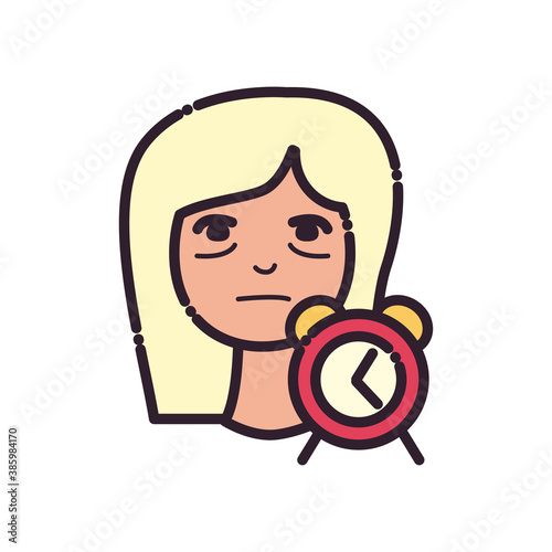 woman cartoon with insomnia and clock line and fill style icon vector design
