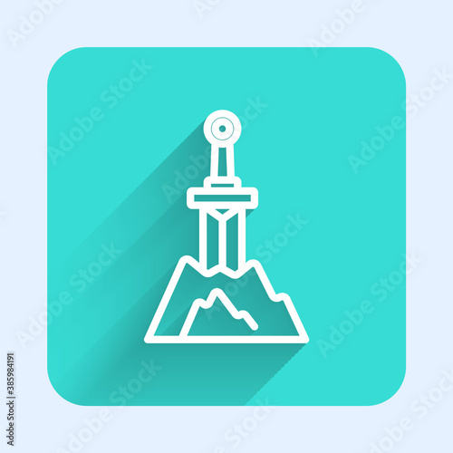 White line Sword in the stone icon isolated with long shadow. Excalibur the sword in the stone from the Arthurian legends. Green square button. Vector.