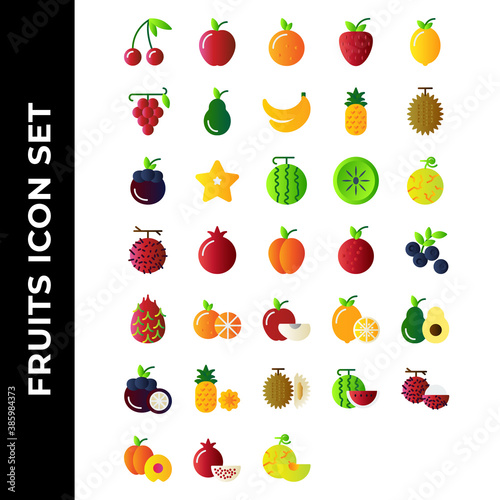 Fototapeta Naklejka Na Ścianę i Meble -  fruits icon set include apple, orange, strawberry, lemon, grape, avocado, banana, pineapple, durian, MANGOSTEEN, STARFRUIT, WATERMELON, KIWI, melon, rambutan, pomegranate, peach