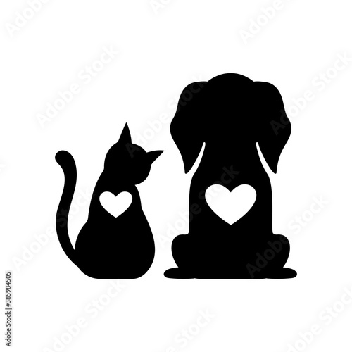 Paper art of black cat, dog and heart, Silhouette of cat on white background.