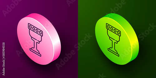 Isometric line Medieval goblet icon isolated on purple and green background. Holy grail. Circle button. Vector.