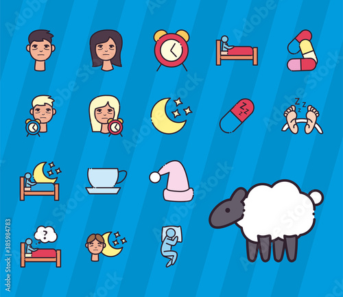 insomnia line and fill style set of icons vector design