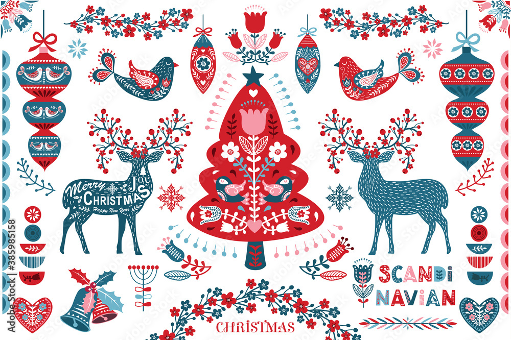 Scandinavian Christmas Folk Art Design Elements - obrazy, fototapety, plakaty 