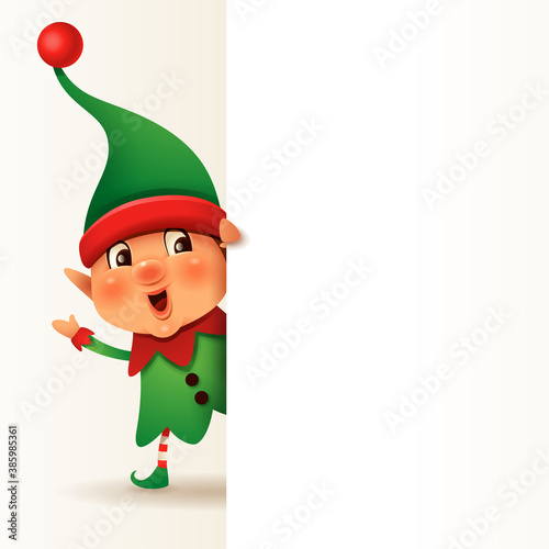 Little Elf with big blank signboard. Wide empty space for design.