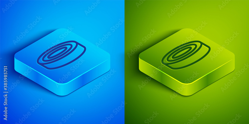 Isometric line Checker game chips icon isolated on blue and green background. Square button. Vector. Isometric line Checker game chips icon isolated on blue and green background. Square button. Vector.