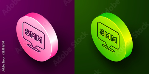 Isometric line SMM icon isolated on purple and green background. Social media marketing, analysis, advertising strategy development. Circle button. Vector.