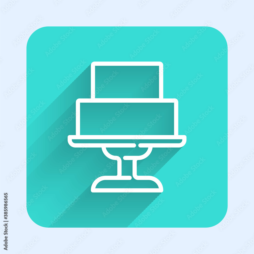 White line Wedding cake icon isolated with long shadow. Green square button. Vector. White line Wedding cake icon isolated with long shadow. Green square button. Vector.