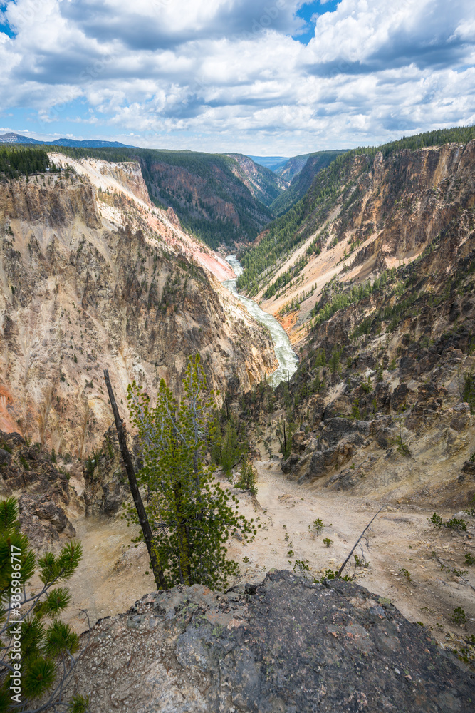 hiking the canyon rim south trail in grand canyon of the yellowstone, wyoming, usa